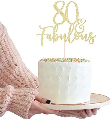 LOVENJOY 80 and Fabulous Birthday Cake Topper Gold Glitter for 80th Birthday Party Decoration