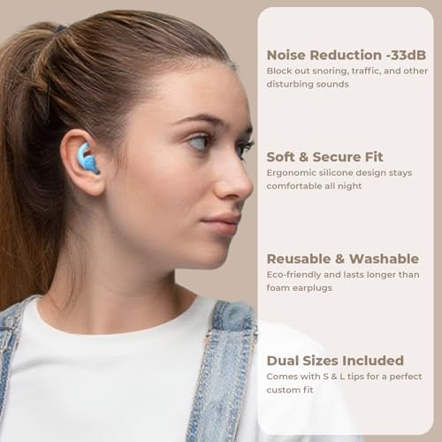 Ear Plugs for Sleeping: Reusable Earplugs for Sleep, Snoring Blocking, Concert, Travel, Airplane, 2 Pairs Washable Soft Silicone Noise Cancelling Ear Plugs (Light Blue)