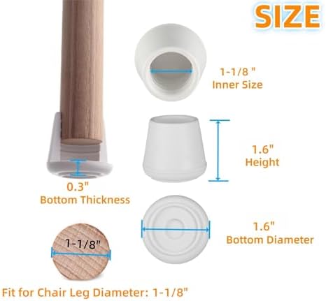 Furnigear Chair Leg Tips Caps Non-Slip Rubber Leg Tips 1-1/8” Inner Diameter Chair Leg Floor Protectors Round White, 8 Pack