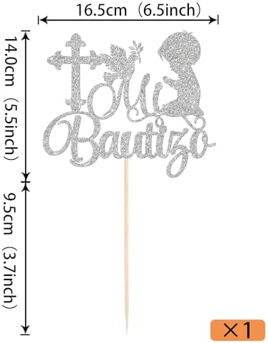 Rsstarxi 1 Pack Spanish Mi Bautizo Cake Topper Religious God Bless First Holy Communion Cake Pick Christening Boys Baptism Cake Decoration for Baby Shower Party Decoration Silver