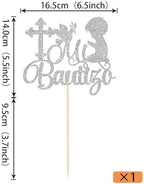 Rsstarxi 1 Pack Spanish Mi Bautizo Cake Topper Religious God Bless First Holy Communion Cake Pick Christening Boys Baptism Cake Decoration for Baby Shower Party Decoration Silver