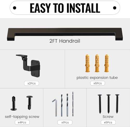 Dawn Railing 2FT Black Rectangle Staircase Handrail Wall Mounted Stair Railing Indoor, ADA Compliance Stainless Steel Handrails for Indoor Stairs, Black Powder-Coated Finish for Stair Porch Steps