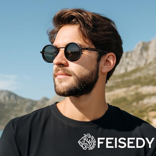 FEISEDY Adjustable Tint Sunglasses Polarized Men, 1-9 Gear Manual Dimming, Steampunk Round Metal Frame UV400 ND Filter B1400
