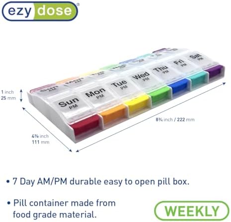 EZY DOSE Push Button (7-Day) Pill Case, Medicine Planner, Vitamin Organizer, 2 Times a Day, AM/PM Container, X-Large Compartments, Arthritis Friendly, Easy to Use, Clear Lids, Rainbow, BPA Free