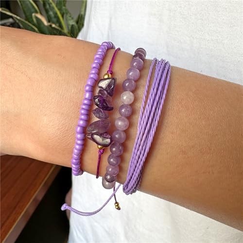 4Pcs Natural Stone Bead Bracelets for Women Healing Crystal Bracelet Boho Gemstone Bracelets Summer Woven Stretch String Bracelets for Women
