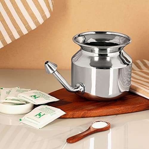 HealthGoodsIn Ultra Durable High Grade Stainless Steel Neti Pot for Nasal Irrigation + Neti Salt + 1 Cleaning Brush for Spout