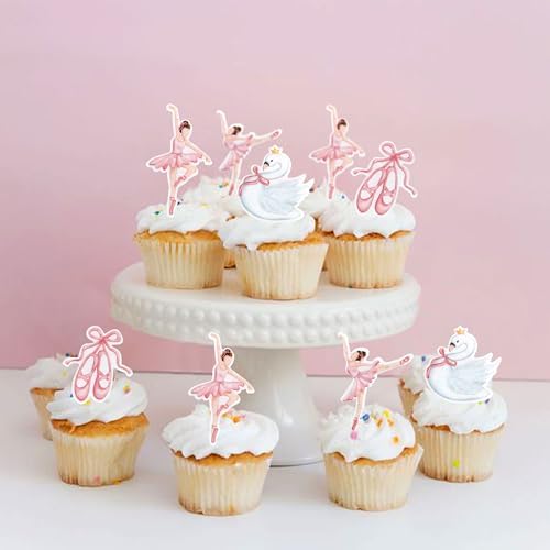 Ercadio 40 PCS Edible Ballerina Cupcake Toppers Pink Ballet Dancer Girl Cupcake Drink Topper Picks Dancing tutu Cake Decorations for Baby Shower Theme Ballet Girl Birthday Party Supplies
