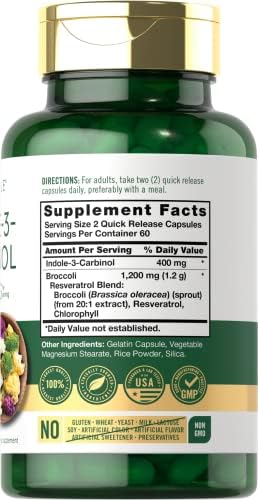 Carlyle Indole-3-Carbinol (I3C) 400mg | 120 Capsules | Advanced Formula with Broccoli Extract | Non-GMO, Gluten Free