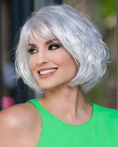 ccXrC Fashion Women Short Curly Hair Wig Silver white Wig for Women Wig Layered Bob Wig with Bangs Natural Wig for Daily Use