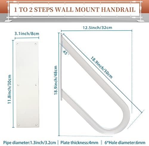 2 Pack Handrail for 1-2 Step Stairs, Wall Mount handrails for Outdoor Steps, Garage Railing with White Powder Coat Finished, Suitable for Garage, Porch and Garden（18.9" Length, φ1.3"Pipe, White）
