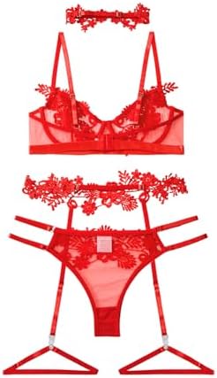 Lilosy Sexy Cute Applique Embroidered Underwire Push Up Garter Belt Chocker Lingerie Set