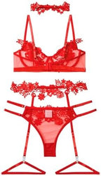 Lilosy Sexy Cute Applique Embroidered Underwire Push Up Garter Belt Chocker Lingerie Set
