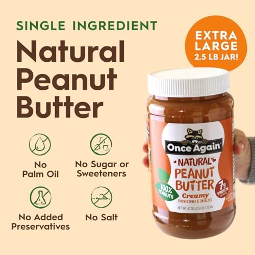 Once Again Creamy Natural Peanut Butter, No Salt or Sugar Added - Large 2.5 Pound Jar - Single Ingredient, Unsalted, Sugar Free Peanut Butter, No Palm Oil - Smooth and Unsweetened - 1 Jar (40 oz)