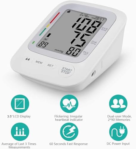Electronic Blood Pressure Monitor, Upper Arm Automatic Digital BP Monitor Large Cuff, 2 Users 180 Memory Large Display, Irregular Heart Rate Indication, with DC Adapter for Home Use