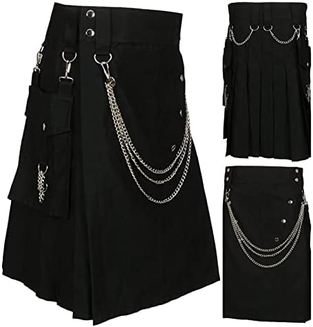 Mens Scottish Kilts Traditional Highland Tartan Utility Kilt High Waist Buckle Strap Pleated Skirt with Cargo Pockets
