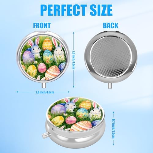 Pill Box, 3 Compartments Small Pill Case Travel Portable Metal Medicine Box with Mirror Mini Container for Purse Pocket Women Men(Easter Bunny Egg)