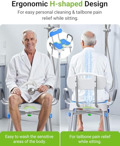 Ergonomic H-Shaped Shower Chair for Elderly and Disabled with Padded Back & Arms,500 lbs Heavy Duty Adjustable Shower Stool Seat for Easy Cleaning, Anti-Slip Bath Chairs for Bathtub