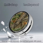 Metal Pill Organizer - 3-Compartment Mini Round Pill Case for Pocket & Purse, Portable Vitamin Holder, Easy-Open Design for Travel - Camo Camouflage Leaves