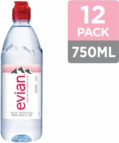 evian Natural Spring Water, 750 ml (25.36 fluid ounce) Water Bottle with Sports Cap, 12 Pack