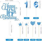 16th Birthday Cake Decorations, 16th Birthday Candles Cake Numeral Candles and Glitter Happy 16th Birthday Cake Toppers Set for Birthday Party Supplies (Blue)