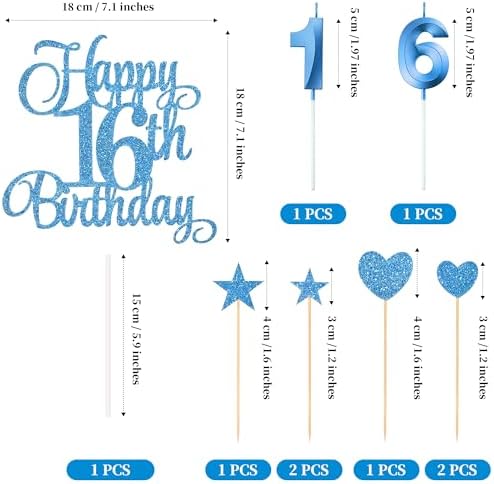 16th Birthday Cake Decorations, 16th Birthday Candles Cake Numeral Candles and Glitter Happy 16th Birthday Cake Toppers Set for Birthday Party Supplies (Blue)