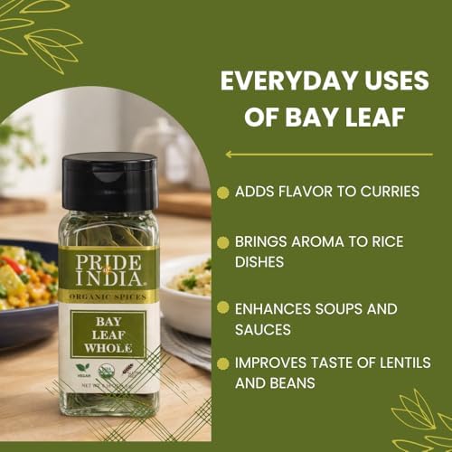 Pride of India – Bay Leaf Whole – Authentic Indian Culinary Spice/ Premium Quality – Gourmet & Preservatives Free – Easy to Use – 0.15 oz. Small Dual Sifter Jar