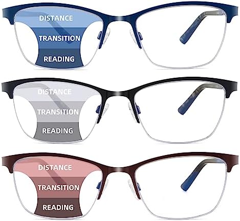 HIYANJN progressive reading glasses for women men No Line Blue Light Multifocal Readers Metal Computer Eyeglasses 3pk