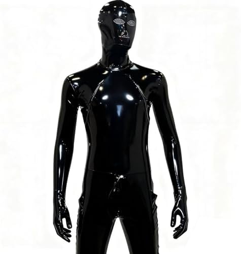Men's Shiny Wet Look Zipper Crotch Bodysuit Stretchy Full Body Catsuit Attached Hood and Gloves