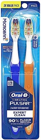 Oral-B Pulsar Expert Clean Battery Toothbrush, Medium, 2 Count & Pro-Health Pulsar Battery Toothbrush, Soft, Blue, 2 Count (Pack of 1)