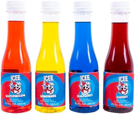 ICEE 4 Pack Slushie Syrups. Genuine ICEE Shaved Ice Snow Cone Syrup including Watermelon, Lemonade, Blue Raspberry & Cherry Flavors. 4 x 6.1floz. Perfect For Snow Cones, Slushies, Sodas & Ice Pops.
