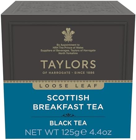 Taylors of Harrogate Scottish Breakfast, Black Tea, Loose Leaf Tea, 4.41 Ounce Carton (Pack of 1), Strong, Malty and Full, Caffeinated, Premium Whole Leaf Tea