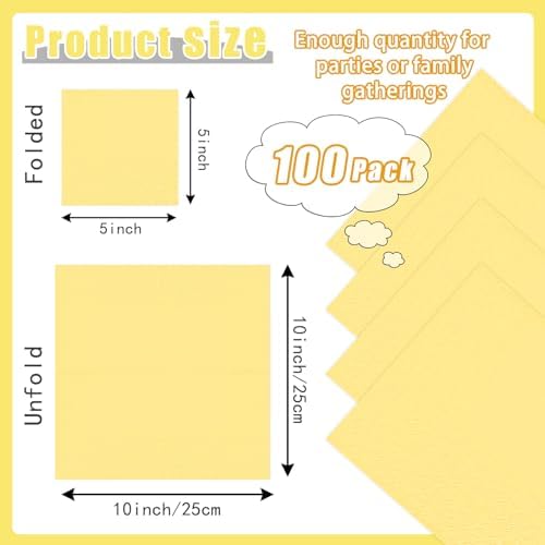 100 pcs 2-Ply Yellow Cocktail Napkins Folded 5 x 5 inch Disposable Paper Dessert Napkins for Dinner Birthday Wedding Thanksgiving Party Picnic Yellow Beverage Napkin