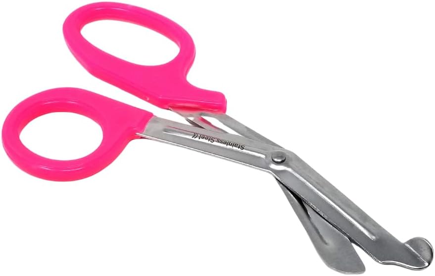 HTI Trauma Shears 7.25" All-Purpose Stainless Steel Paramedic, ER Nurse, EMT, EMS, First Responder Tactical Scissors with Serrated Blade for Outdoor Camping Rescue Tool (Hot Pink Handle)
