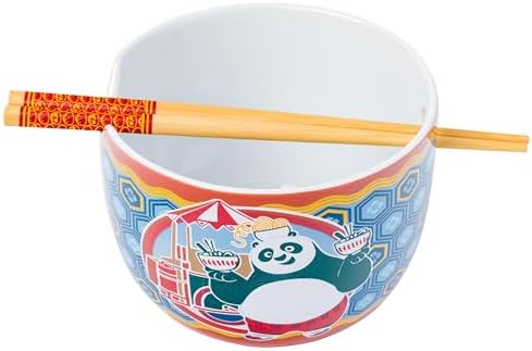 Silver Buffalo Kung Fu Panda Featuring Po Holding Ramen Ceramic Ramen Noodle Rice Bowl with Chopsticks and Spoon, Microwave Safe, 20 Ounces