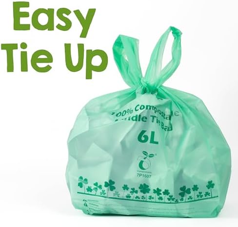 1.6 Gallon Tie Handles Compost Trash Bags 120 Food Scrap Bags, Compostable Kitchen Waste Bags with Europe EN13432 & ASTM D6400 Certified
