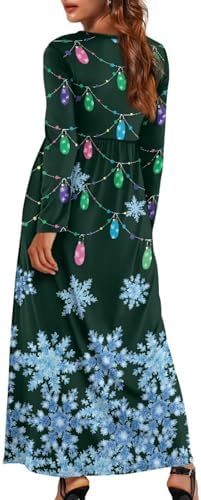 Oil Painting Printed Dresses for Women Casual Flowy Long Sleeve Crewneck Ruched Maxi Party Dress with Pockets