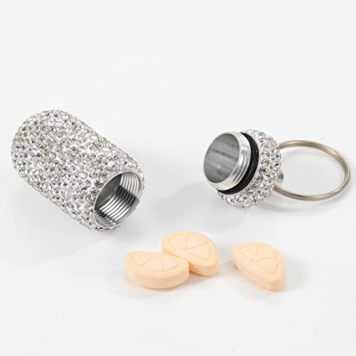 Bling Pill Case Portable Travel Pill Container Bottle Rhinestone Waterproof Small Pill Holder with Keychain Cute Mini Pill Storage Box for Outdoor Camping (White Pink Purple)