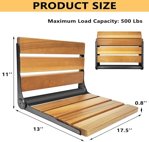 Folding Shower Seat Teak, Bath Safety Furniture Stainless Steel, Shower Seats for Elderly, Fold Down Shower Seat (Black)
