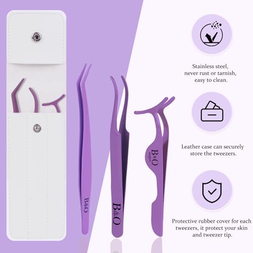 B&Q Eyelash Applicator Tool 3 PCS Lash Applicator Tool Kit Lash Tweezers for Eyelash Extensions Application Tool and Removal （Purple,3 PCS）