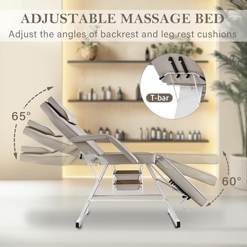 Facial Tattoo Chair, Esthetician Lash Bed Multi-use Tattoo Massage Table for Artist with Hydraulic Stool, 3-Section Beauty Barber Spa Equipment w/Removable Armrests & Headrest, Gray