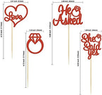Gyufise 24 Pieces Red Glitter Engagement Cupcake Toppers He Asked She Said Yes Diamond Ring Heart Cupcake Picks for Wedding Bridal Shower Party Cake Decorations
