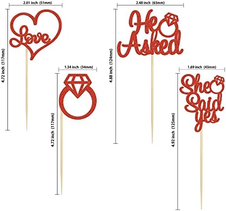 Gyufise 24 Pieces Red Glitter Engagement Cupcake Toppers He Asked She Said Yes Diamond Ring Heart Cupcake Picks for Wedding Bridal Shower Party Cake Decorations