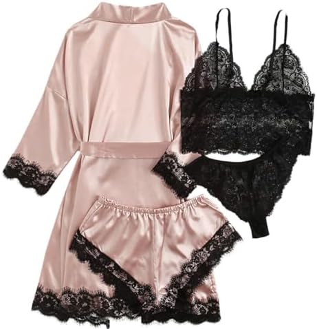 Womens 4 Piece Satin Lace Pajama Set Silky Robe Cami Top Shorts Panty Elegant Sleepwear Lingerie for Nightwear and Loungewear