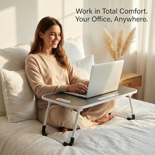 BUYIFY Foldable Lap Desk for Laptop & Writing - 23 inch Bed Tray Table with Cup Holder & Tablet Slot - Portable Notebook Stand for Eating, Sofa, Couch & WFH Students (Black)