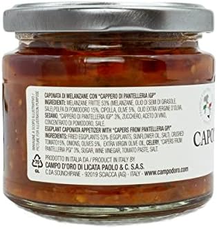 CAMPO D'ORO - Sicilian Eggplant Caponata, Glass, Jar 6.3 oz, Sicilian recipe for antipasto, appetizer, side dish or pasta with Eggplant, Tomato, Onion, Celery, Olives and Capers