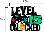 Level 15 Unlocked Sign Cake Topper - Happy 15th Birthday Level Up Tenth Cake Decorations for Video Game Controller Themed Kids Boy Girl Bday Party Supplies Double Sided