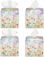 Watercolor Flower Tissue Box Cover Square,Colorful Flowers Tissue Box Holder Waterproof Leather Facial Paper Organizer Dispenser for Bathroom Home Car Nightstand Vanity Desk