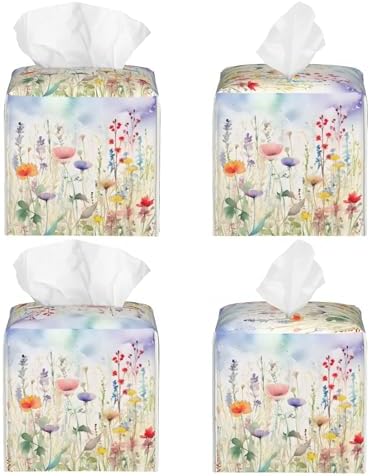 Watercolor Flower Tissue Box Cover Square,Colorful Flowers Tissue Box Holder Waterproof Leather Facial Paper Organizer Dispenser for Bathroom Home Car Nightstand Vanity Desk
