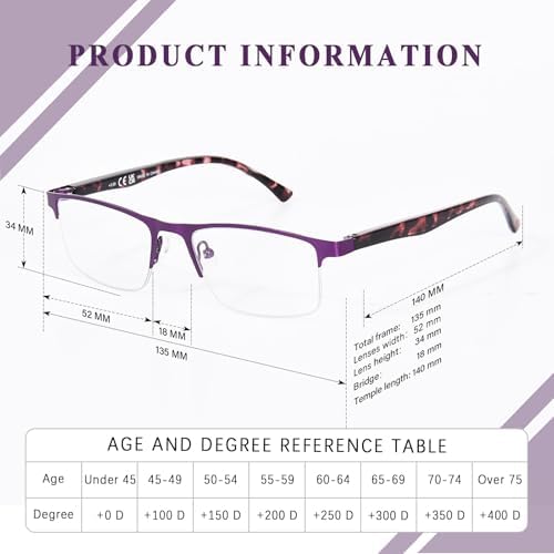 FONHCOO Bifocal Reading Glasses for Women Men, Metal Half Frame Blue Light Blocking Readers Anti UV/Glare/Eyestrain