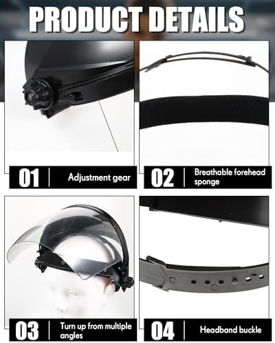 Tellegloww 4 Pcs Clear Safety Face Shield for Grinding & Cutting, Lightweight Full Impact Resistant with Adjustable Ratcheting Headgear Face Shield Mask for Work Chemical Woodworking Industrial, Black